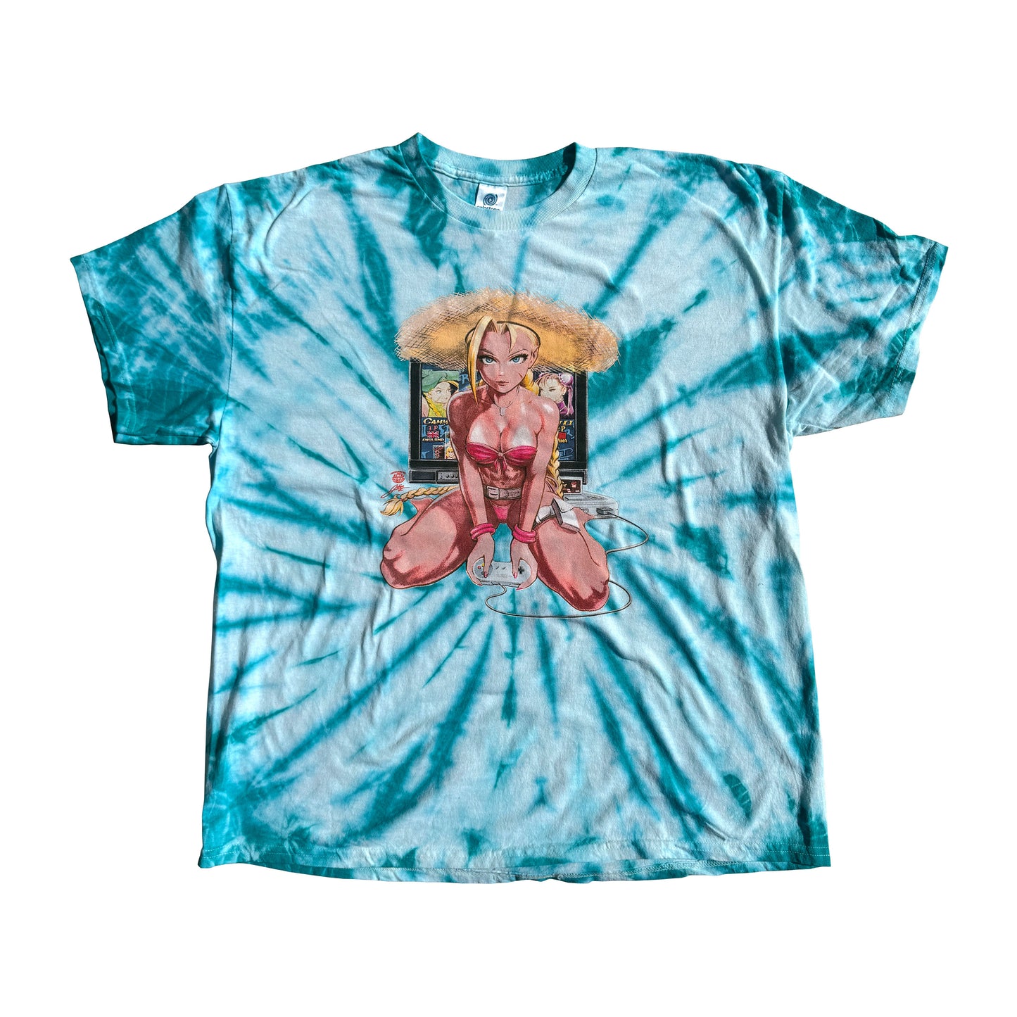 SNES Retro Queen Cammy Pinup Teal Spiral Tie Dye Tee 1 of 2